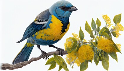 blue, and yellow macaw birds sitting on the branch on a white background. Generative in ai