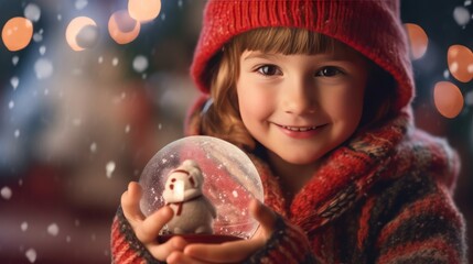 Happy Child Holding a Christmas Crystal Snowball with Snowman in it, in front of Christmas Bokeh Background With Copy Space. Postcard. Banner. Merry Christmas. Happy New Year. Eve.