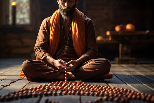 serene scene of a person engaged in meditation while holding a mala necklace, enhancing the depth of their spiritual experience Generative AI