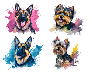 Vibrant Watercolor Canines: German Shepherd and Yorkshire Terrier Art on Transparent Background