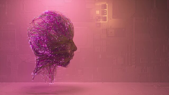 The neural connection creates the silhouette of a human head. Glowing particles. AI. Purple neon color. 3d animation.