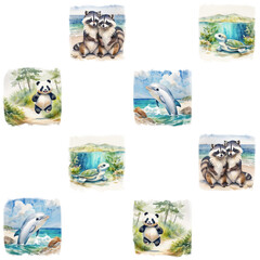 watercolor tiled pattern with cute animals on the white background. Animal illustration for kids, generative art.