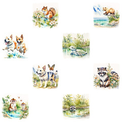 watercolor tiled pattern with cute animals on the white background. Animal illustration for kids, generative art.