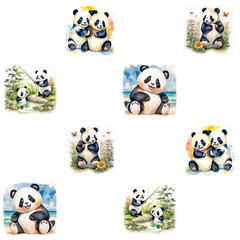 watercolor tiled pattern with cute pandas on the white background. Pandas illustration for kids, generative art.