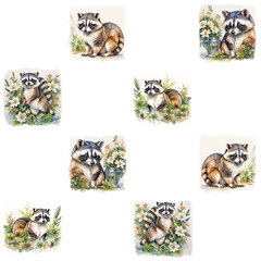 watercolor tiled pattern with cute racoons on the white background. Racoons illustration for kids, generative art.