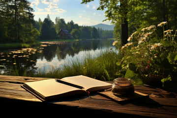 serene scene of a journal placed amidst nature, inviting a person to reflect and write in a tranquil setting Generative AI