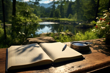 serene scene of a journal placed amidst nature, inviting a person to reflect and write in a tranquil setting Generative AI