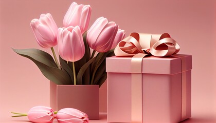 bouquet of tulips and a pink gift box on a pink background. Generative in ai