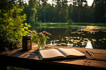 serene scene of a journal placed amidst nature, inviting a person to reflect and write in a tranquil setting Generative AI