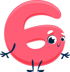 Cartoon cute funny number six character. Isolated vector arithmetic educational digit 6 personage with adorable appearance, featuring a cheerful face, rounded shape, and vibrant pink color