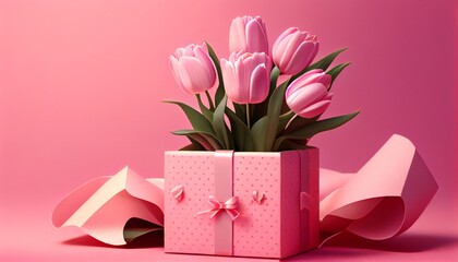 bouquet of tulips and a pink gift box on a pink background. Generative in ai