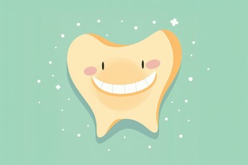 A cartoon tooth with a smiling expression, set against a green flat background