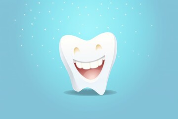 A cartoon tooth with a smiling expression, set against a blue flat background