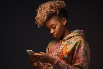 Portrait of a beautiful black women with curly blond hair, looking at her cellphone. Illustration. Generative AI