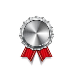 Silver medal with red ribbon. Metallic winner award. Vector illustration.