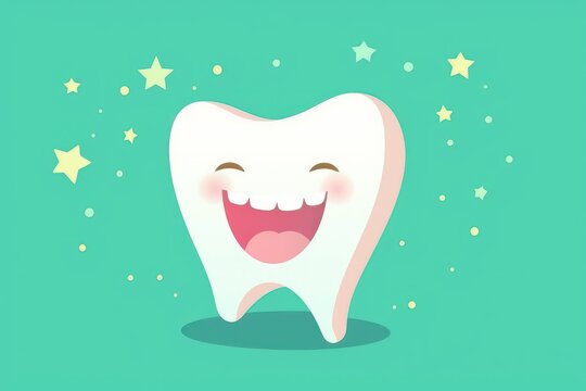 A cartoon tooth with a smiling expression, set against a green flat background