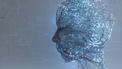 Human face emerges from neon particles and neurons. The creation of man. Artificial intelligence. Blue neon. - Powered by Adobe