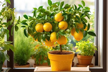 A lemon Volcameriana tree, filled with ripe yellow orange fruits, is showcased in a potted citrus plant. The close up image provides a glimpse of this indoor gardening delight, offering a decorative - Powered by Adobe