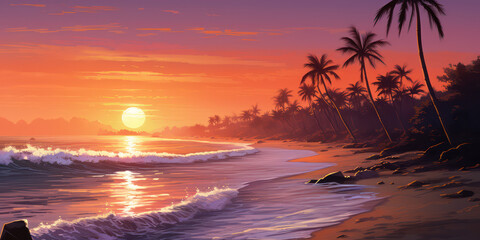 Fototapeta na wymiar Sunset Serenity Beach Waves and Swaying Palms. Peaceful Landscape. Generative AI