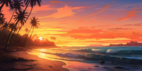 Fototapeta na wymiar Sunset Serenity Beach Waves and Swaying Palms. Peaceful Landscape. Generative AI