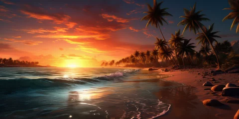 Foto op Plexiglas Sunset Serenity Beach Waves and Swaying Palms. Peaceful Landscape. Generative AI © ART STORE