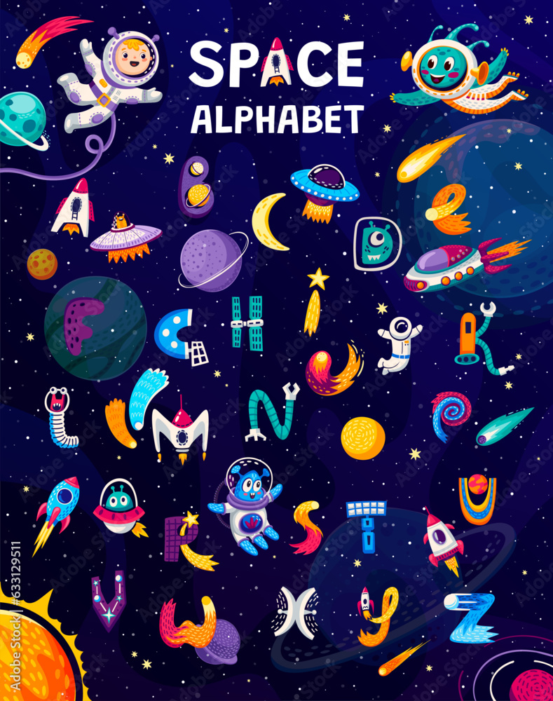 Poster cartoon space alphabet, vector set of fun and playful letters with colorful astronaut and alien char