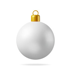 3D White Christmas Ball with Golden Clamp Isolated. Render Glass Christmas Tree Toy. Happy New Year Decoration. Merry Christmas Holiday. New Year and Xmas Celebration. Realistic Vector Illustration