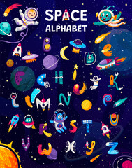 Cartoon space alphabet, vector set of fun and playful letters with colorful astronaut and alien characters, rockets, ufo and planets in sky. Typo for educational purposes and cosmic learning adventure © Vector Tradition