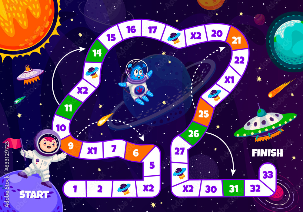 Poster kids board game. cartoon astronaut, alien, spaceship and galaxy space planets puzzle vector workshee