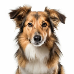 Isolated Shetland Sheepdog Dog with Visibly Sad Expression on White Background