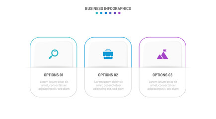 Timeline infographic with infochart. Modern presentation template with 3 spets for business process. Website template on white background for concept modern design. Horizontal layout.