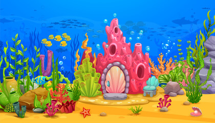 Cartoon coral reef house and underwater sea landscape. Vector fantasy background with mermaid home building. Fairytale dwelling in reef with shell door, chair and seaweeds at front yard on sea bottom