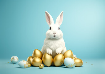 Fototapeta na wymiar Cute white rabbit with Easter eggs on blue background.