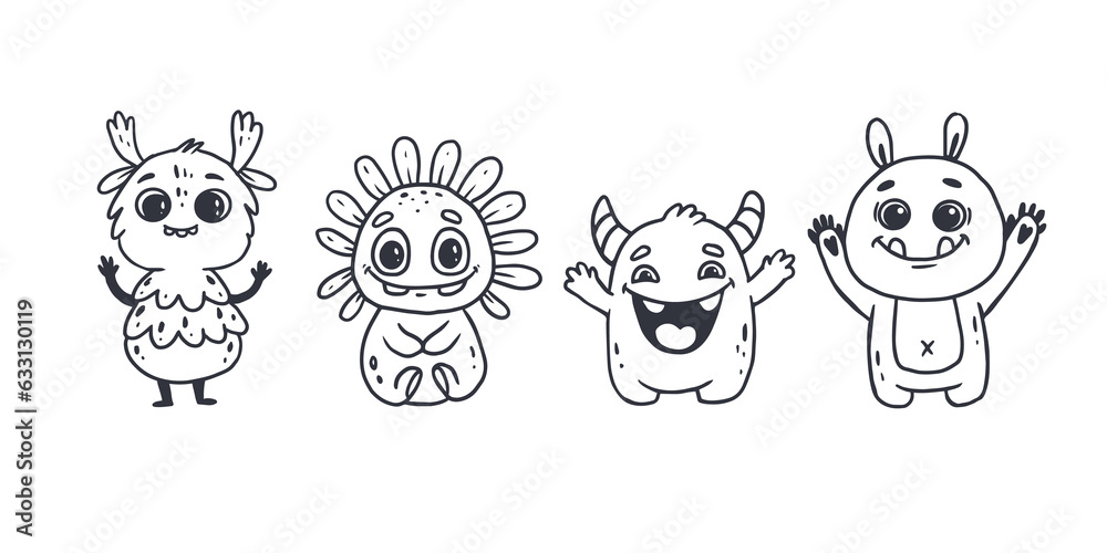 Wall mural set of cute cartoon monsters in doodle style. funny characters on white background. icon monster. al