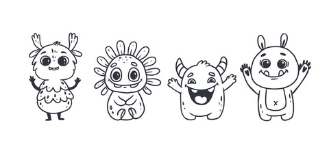 Set of cute cartoon monsters in doodle style. Funny characters on white background. Icon monster. Alien. 