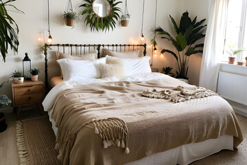 King-size bed with beige bed linen in adorable bedroom. Light boho style bedroom with tropical plant. Top side view