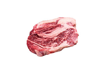 Raw Chuck Roll beef meat steaks on a wooden board with thyme. High quality Isolate, transparent 