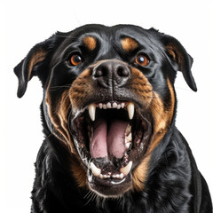 Isolated Rottweiler Dog Growling Aggressively on White Background - obrazy, fototapety, plakaty