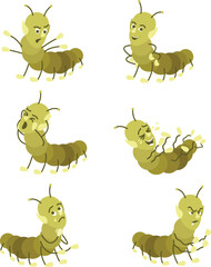 Funny cute green centipede shows different emotions. Happy, grumpy, gloomy, angry, smiling, laughing emoji. Smileys in cartoon style. Colorful illustration.