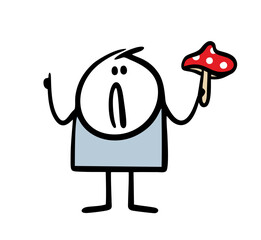 Cartoon man holds a fly agaric in his hand and warns about its toxicity. Vector illustration of deadly food plants from the forest.