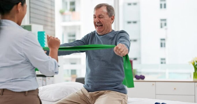 Physical therapy, patient and chiropractor, stretching with resistance band and muscle with high five. Help, support and woman with old man at clinic, elderly care and fitness with physio success
