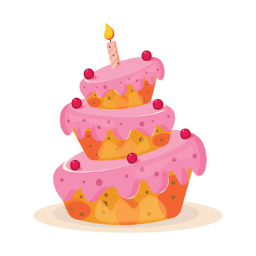 Birthday cake with candle on a white background. Vector illustration.