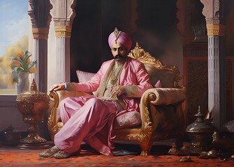 An oil painting of a Hindu maharaja. A king seated on his throne, Inspired by historical Indian emperors. Generative AI.