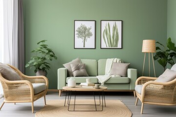 A trendy and visually appealing design for the interior of a living room, featuring imitation poster frames, a comfortable rattan armchair, a coffee table, and unique home decor items. The walls are
