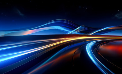 Bright futuristic background, colorful long exposure blue lines, intersecting lines.