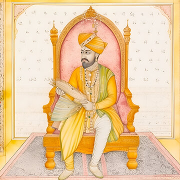 Illustration of an Indian Maharaja: A hindu king seated on his throne, Inspired by historical Indian emperors. Generative AI.