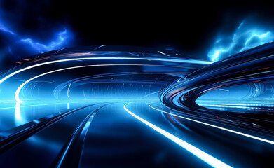 Bright futuristic background, colorful long exposure blue lines, intersecting lines.
