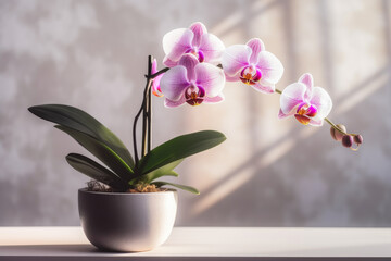 Fototapeta na wymiar Beautiful Phalaenopsis orchid flower in a pot on a gray background. Generative AI.