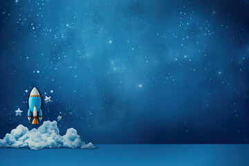 Blue background with space rocket and copy space. It's a boy backdrop with empty space for text. Baby shower or birthday invitation, party. Baby boy birth announcement. Men's Day. Generative AI.