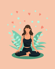 A girl meditates in nature. A young woman is sitting in a lotus position and doing yoga.